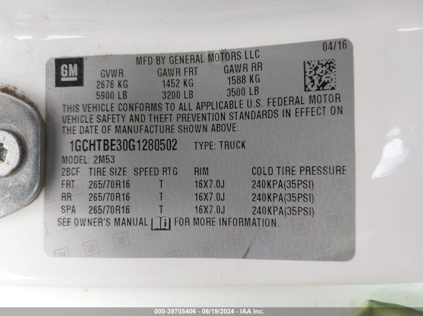 2016 Chevrolet Colorado Wt VIN: 1GCHTBE30G1280502 Lot: 39705406