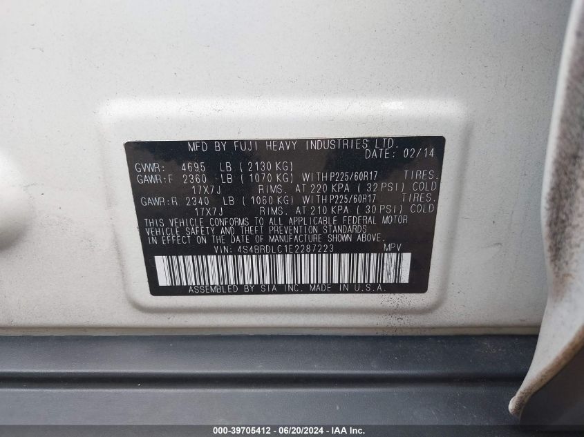 2014 Subaru Outback 3.6R Limited VIN: 4S4BRDLC1E2287223 Lot: 39705412