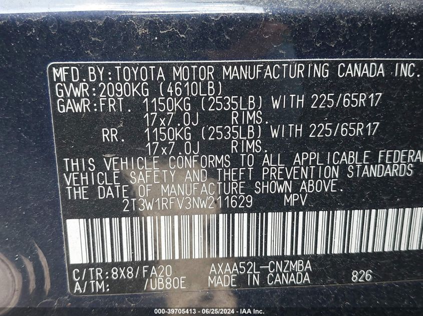 2022 Toyota Rav4 Xle/Xle Premium VIN: 2T3W1RFV3NW211629 Lot: 39705413