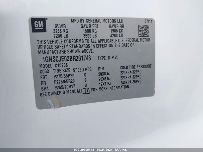 2011 Chevrolet Suburban 1500 Lt1 VIN: 1GNSCJE02BR381743 Lot: 39705418