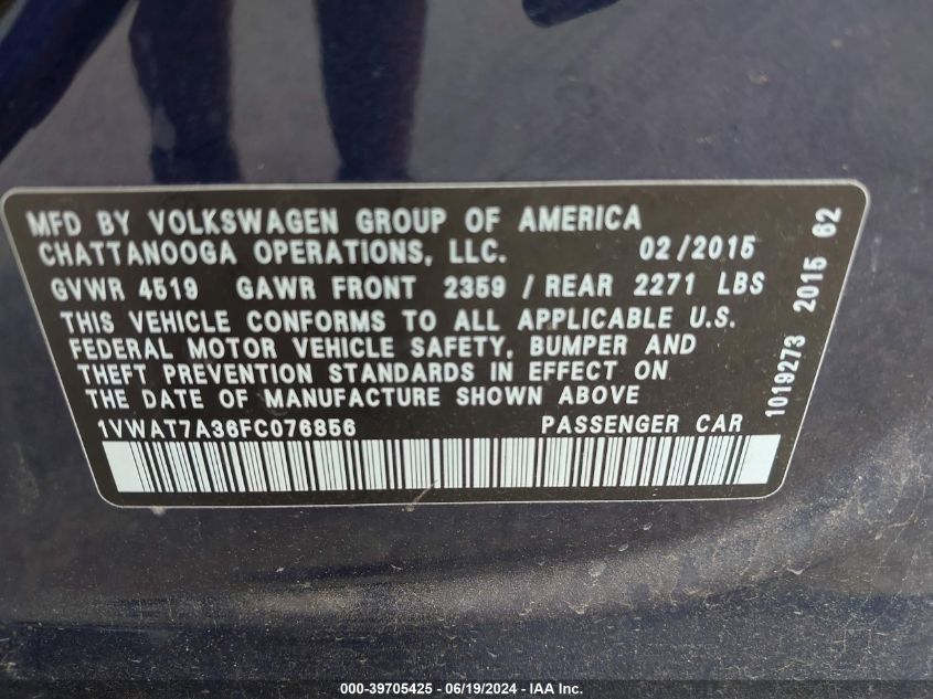 2015 Volkswagen Passat 1.8T Limited Edition VIN: 1VWAT7A36FC076856 Lot: 39705425