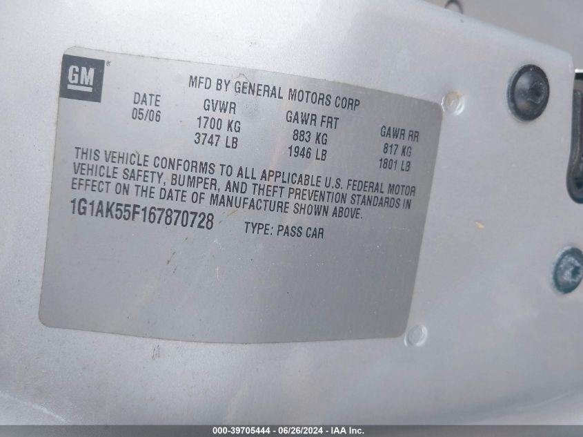 2006 Chevrolet Cobalt Ls VIN: 1G1AK55F167870728 Lot: 39705444