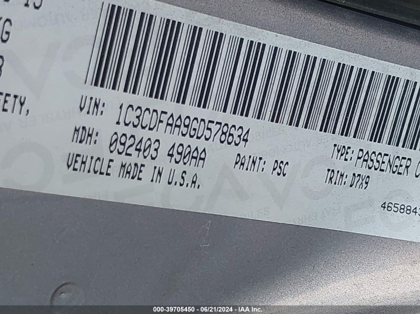 2016 Dodge Dart Se VIN: 1C3CDFAA9GD578634 Lot: 39705450