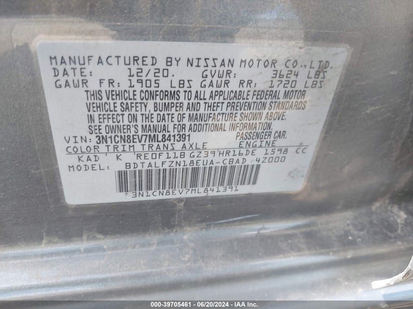 2021 Nissan Versa Sv Xtronic Cvt VIN: 3N1CN8EV7ML841391 Lot: 39705461