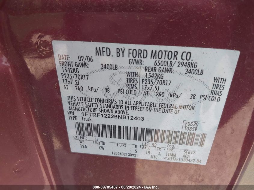 2006 Ford F-150 Stx/Xl/Xlt VIN: 1FTRF12226NB12403 Lot: 39705487