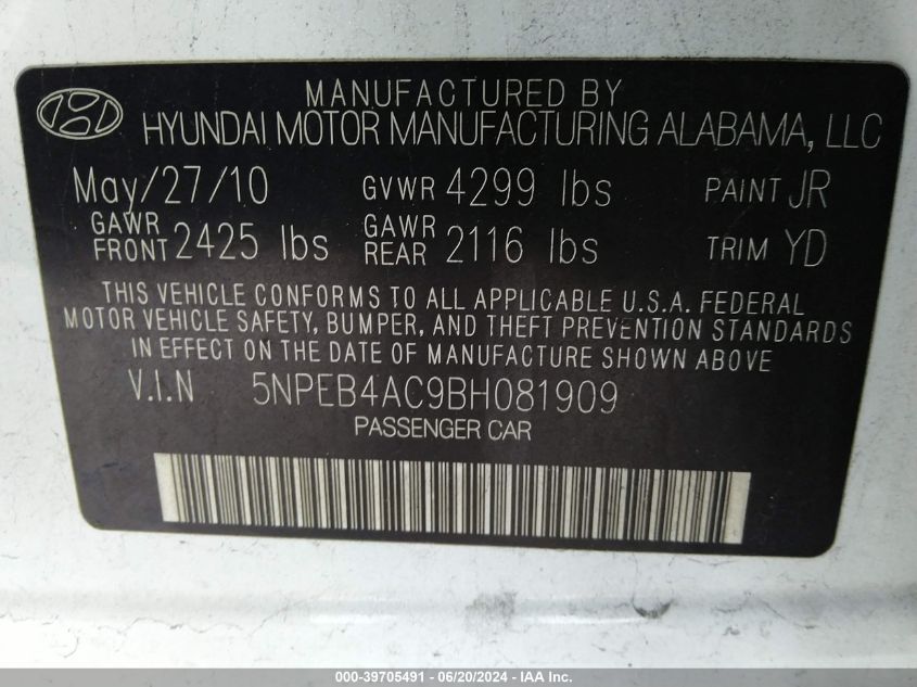 5NPEB4AC9BH081909 2011 Hyundai Sonata Gls