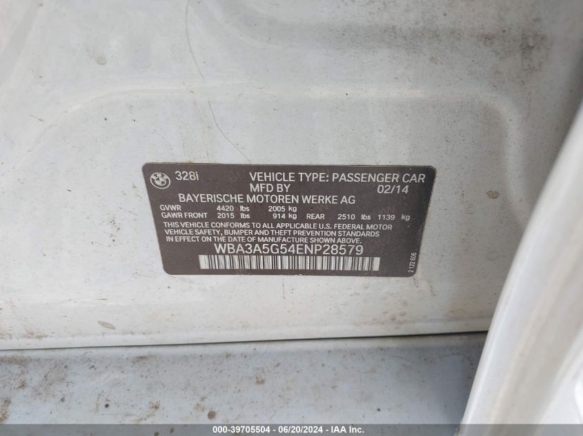 2014 BMW 328 I VIN: WBA3A5G54ENP28579 Lot: 39705504