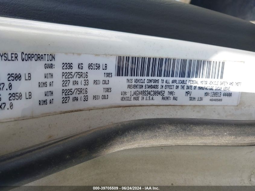 2004 Jeep Grand Cherokee Laredo VIN: 1J4GX48S34C309452 Lot: 39705509