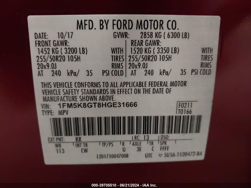 2017 Ford Explorer Sport VIN: 1FM5K8GT8HGE31666 Lot: 39705510