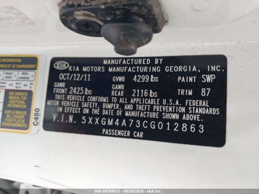 2012 Kia Optima Lx VIN: 5XXGM4A73CG012863 Lot: 39705511