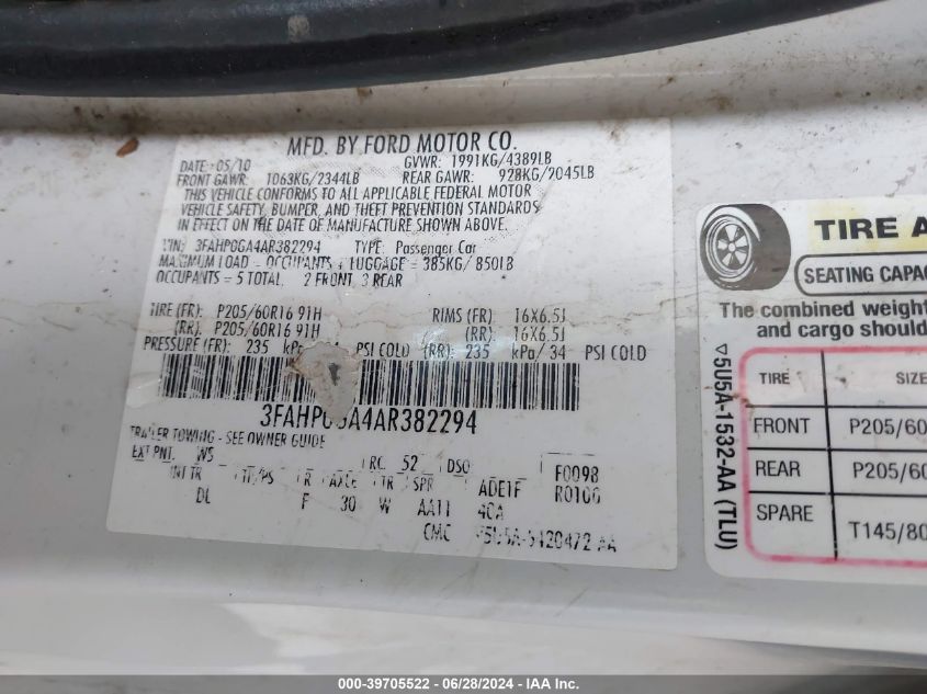 2010 Ford Fusion S VIN: 3FAHP0GA4AR382294 Lot: 39705522