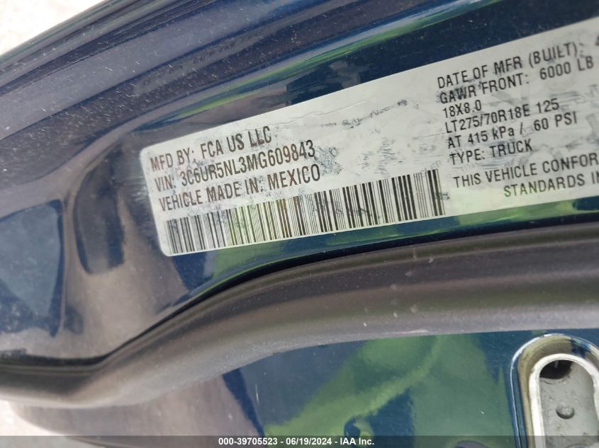 2021 Ram 2500 Laramie 4X4 6'4 Box VIN: 3C6UR5NL3MG609843 Lot: 39705523