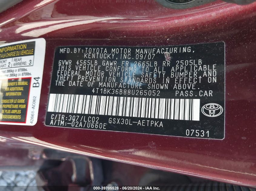 2008 Toyota Avalon Limited VIN: 4T1BK36B88U265052 Lot: 39705528