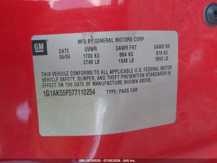 2007 Chevrolet Cobalt Ls VIN: 1G1AK55F577110254 Lot: 39705530