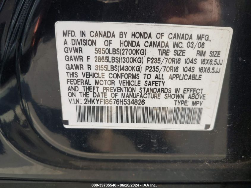 2006 Honda Pilot Ex-L VIN: 2HKYF18576H534826 Lot: 39705540