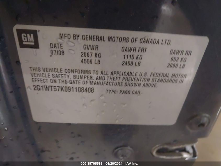 2009 Chevrolet Impala Lt VIN: 2G1WT57K091108408 Lot: 39705563