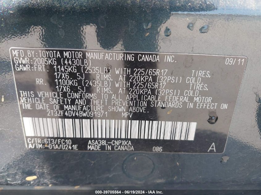 2011 Toyota Rav4 VIN: 2T3ZF4DV4BW091971 Lot: 39705564