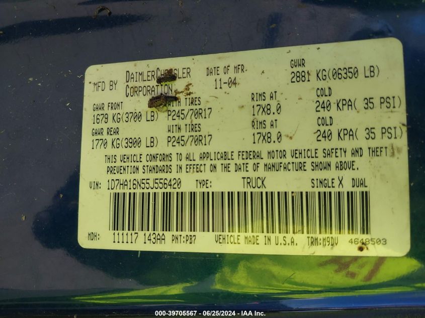 2005 Dodge Ram 1500 St/Slt VIN: 1D7HA16N55J556420 Lot: 39705567