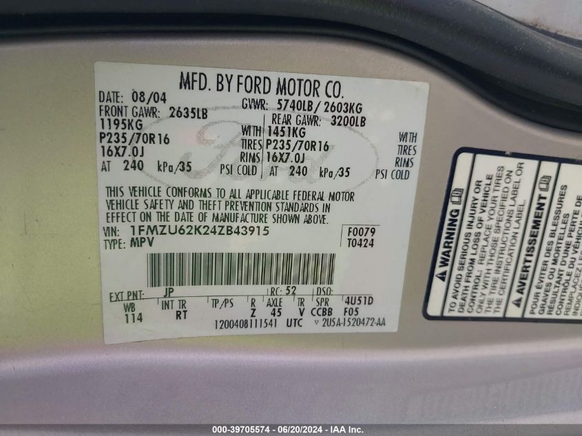 2004 Ford Explorer Xls/Xls Sport VIN: 1FMZU62K24ZB43915 Lot: 39705574