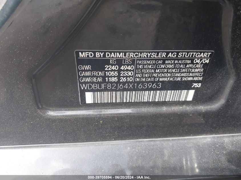 2004 Mercedes-Benz E 320 4Matic VIN: WDBUF82J64X163963 Lot: 39705594