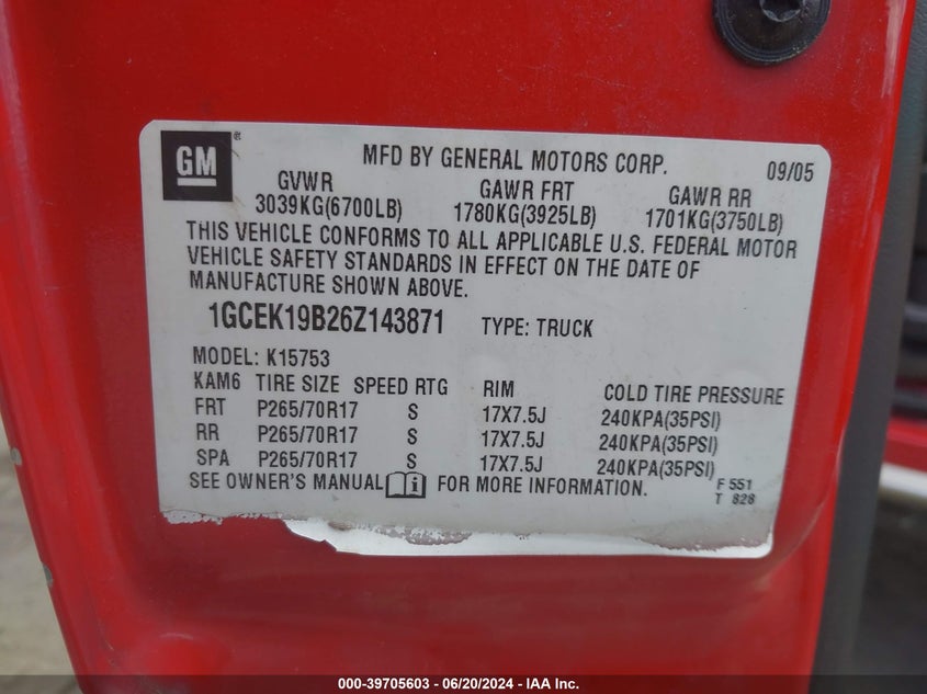 2006 Chevrolet Silverado 1500 Lt2 VIN: 1GCEK19B26Z143871 Lot: 39705603