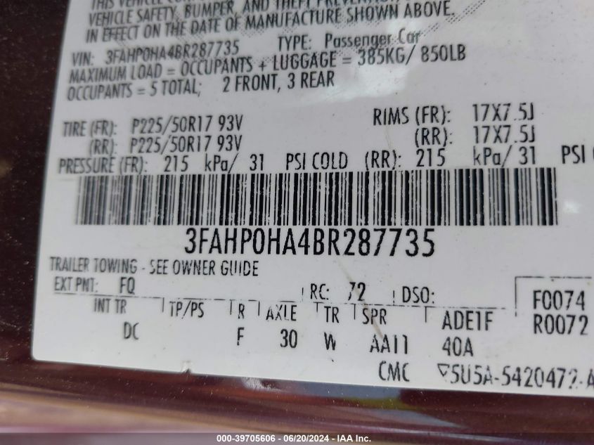 2011 Ford Fusion Se VIN: 3FAHP0HA4BR287735 Lot: 39705606