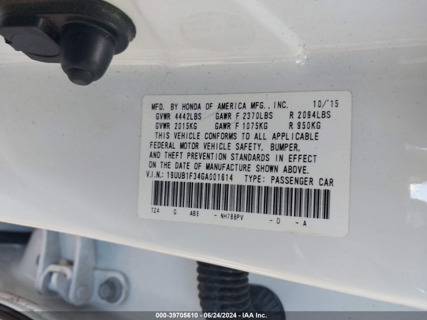 2016 Acura Tlx VIN: 19UUB1F34GA001614 Lot: 39705610