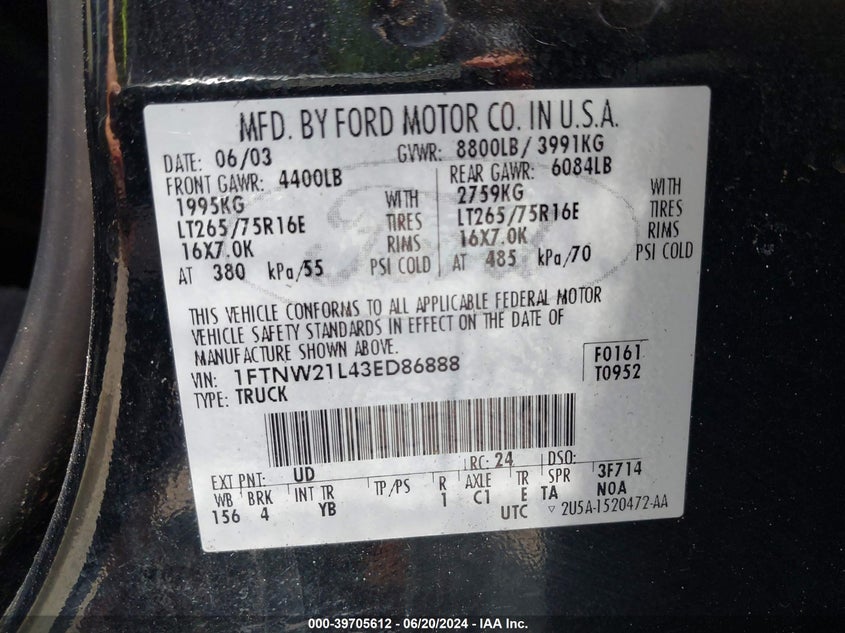 2003 Ford F250 Super Duty VIN: 1FTNW21L43ED86888 Lot: 39705612