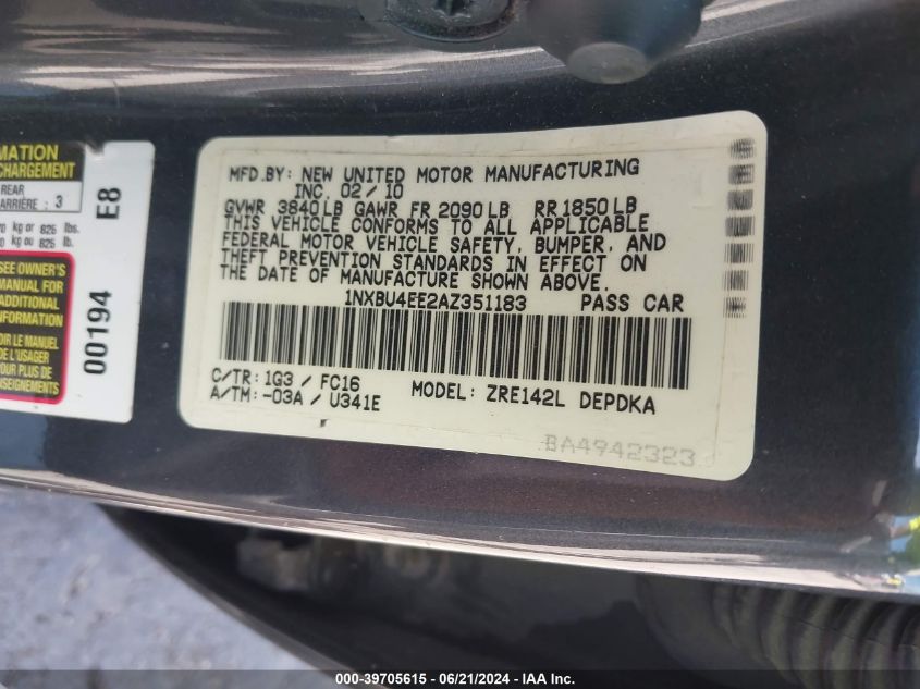 2010 Toyota Corolla Le VIN: 1NXBU4EE2AZ351183 Lot: 39705615