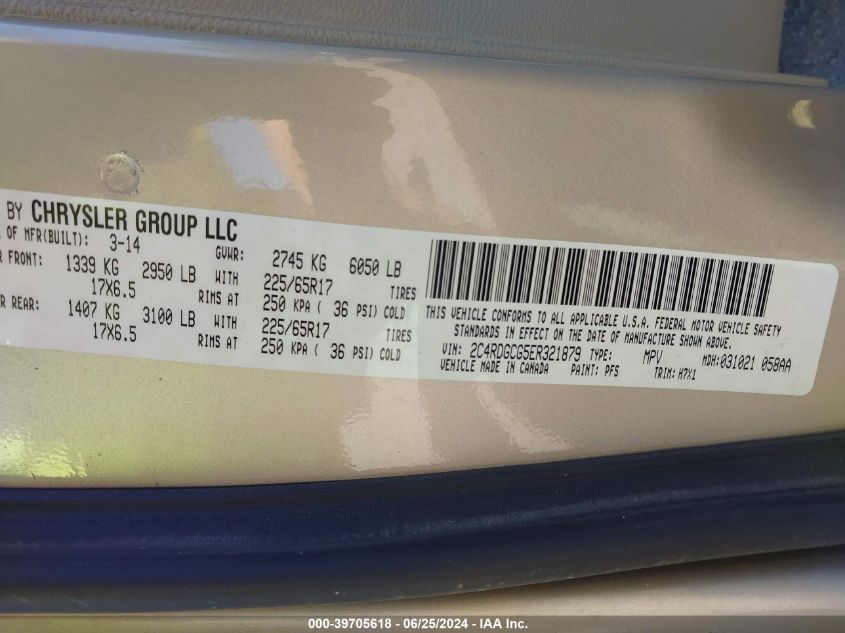 2014 Dodge Grand Caravan Sxt VIN: 2C4RDGCG5ER321879 Lot: 39705618