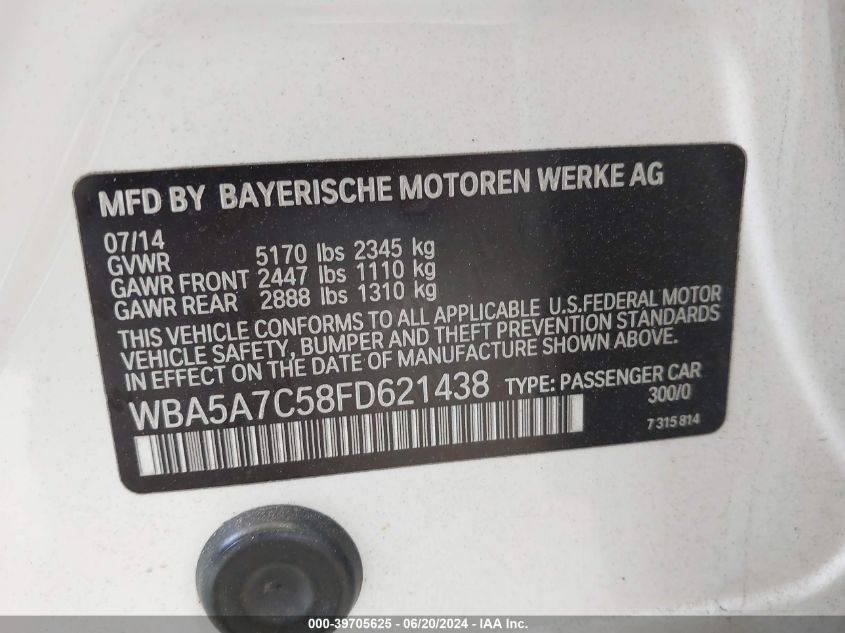 2015 BMW 528I xDrive VIN: WBA5A7C58FD621438 Lot: 39705625