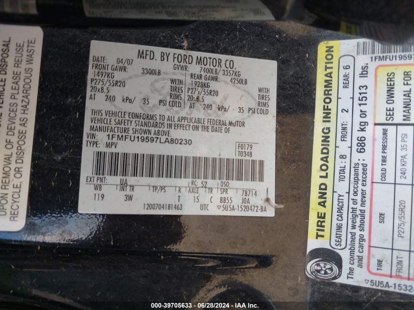 2007 Ford Expedition Limited VIN: 1FMFU19597LA80230 Lot: 39705633