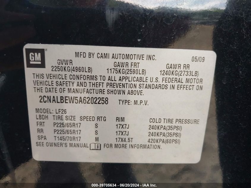 2010 Chevrolet Equinox Ls VIN: 2CNALBEW5A6202258 Lot: 39705634