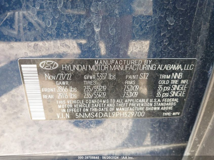 2023 Hyundai Santa Fe Limited VIN: 5NMS4DAL9PH529700 Lot: 39705645