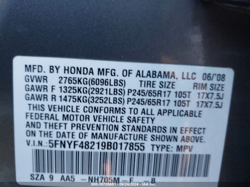 2009 Honda Pilot Lx VIN: 5FNYF48219B017855 Lot: 39705651