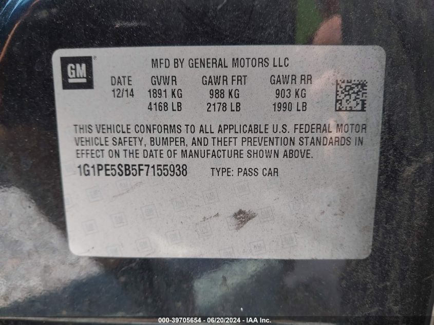 2015 Chevrolet Cruze 2Lt Auto VIN: 1G1PE5SB5F7155938 Lot: 39705654