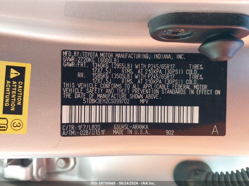 2012 Toyota Highlander Se V6 VIN: 5TDBK3EH2CS099702 Lot: 39705668