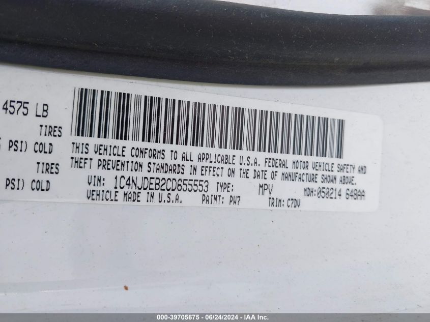 2012 Jeep Compass Latitude VIN: 1C4NJDEB2CD655553 Lot: 39705675