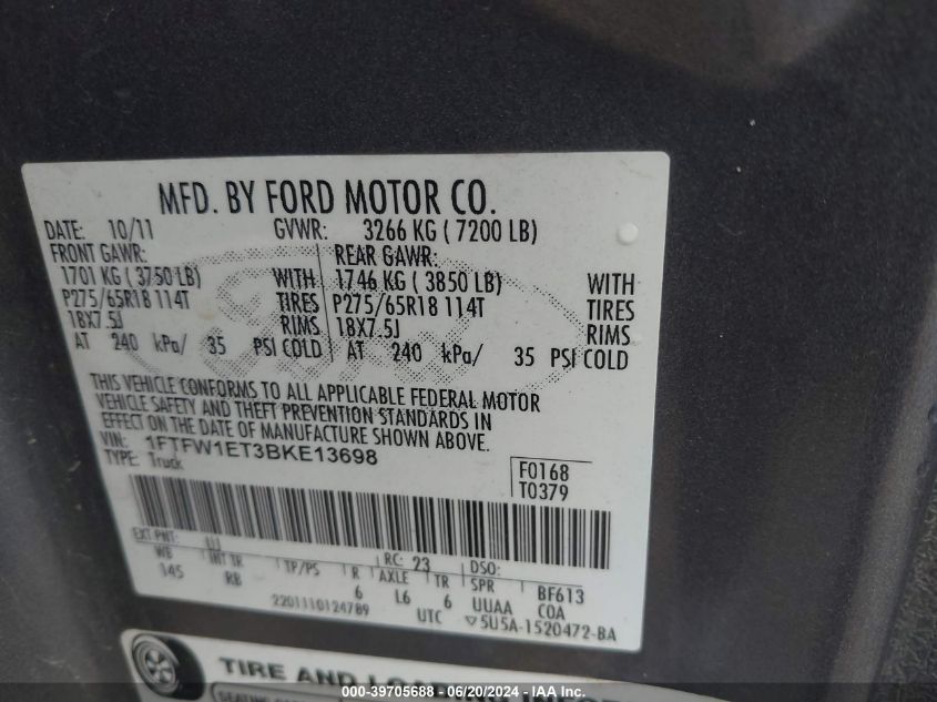 2011 Ford F-150 Fx4 VIN: 1FTFW1ET3BKE13698 Lot: 39705688