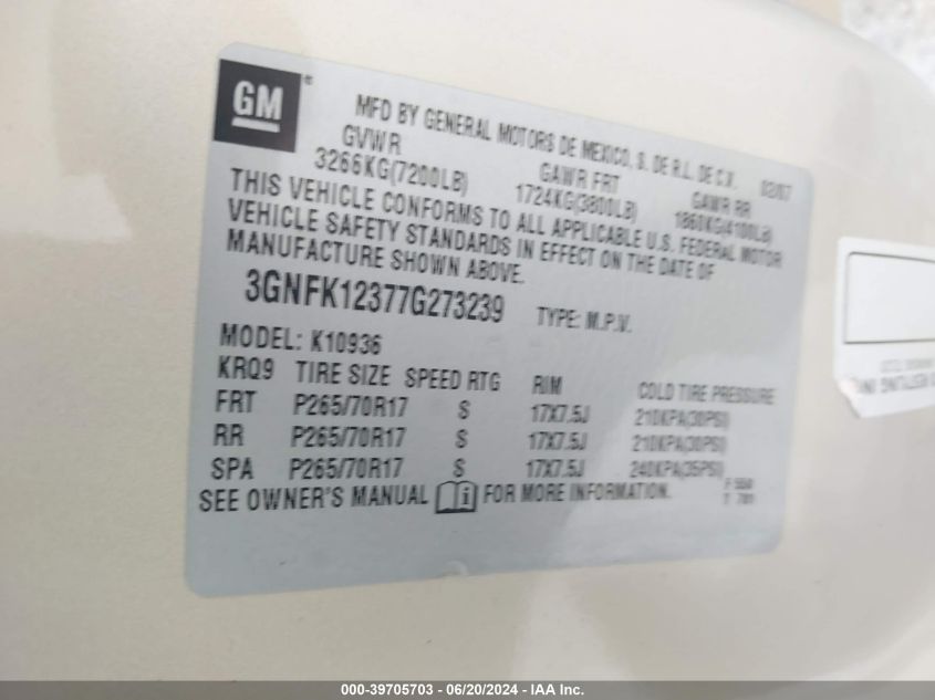 2007 Chevrolet Avalanche K1500 VIN: 3GNFK12377G273239 Lot: 39705703