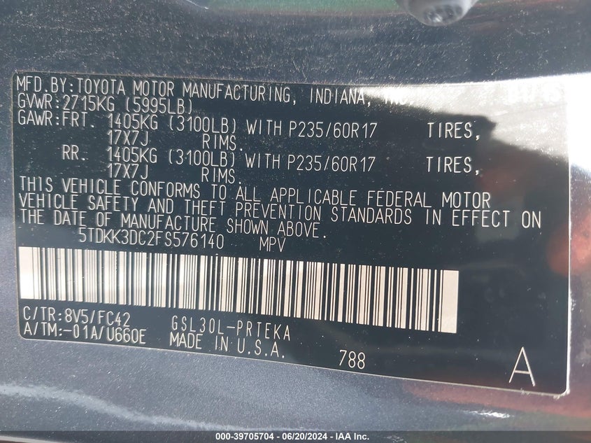 2015 Toyota Sienna Le 8 Passenger VIN: 5TDKK3DC2FS576140 Lot: 39705704