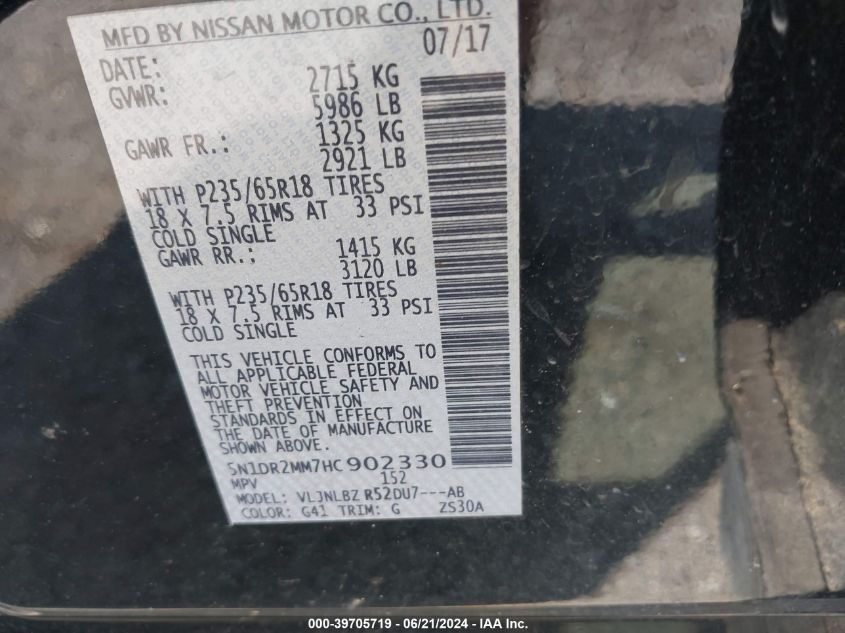 2017 Nissan Pathfinder S VIN: 5N1DR2MM7HC902330 Lot: 39705719