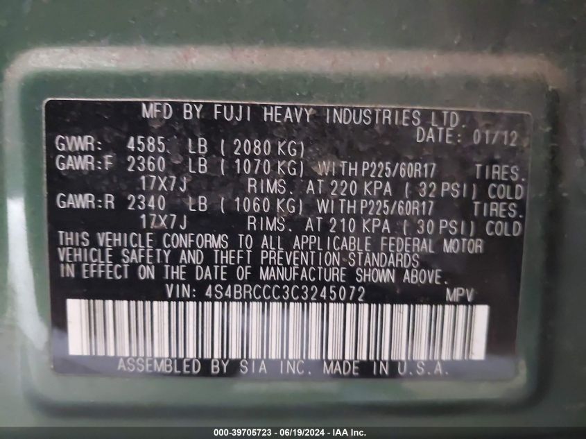 2012 Subaru Outback 2.5I Premium VIN: 4S4BRCCC3C3245072 Lot: 39705723