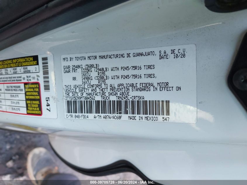 2021 Toyota Tacoma Access Cab/Sr/Sr5 VIN: 3TYSX5EN9MT004562 Lot: 39705728