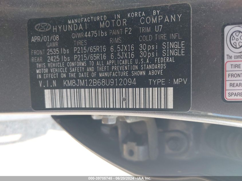 2008 Hyundai Tucson Gls VIN: KM8JM12B68U912094 Lot: 39705745