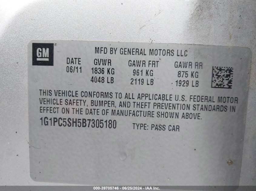 2011 Chevrolet Cruze Ls VIN: 1G1PC5SH5B7305180 Lot: 39705746