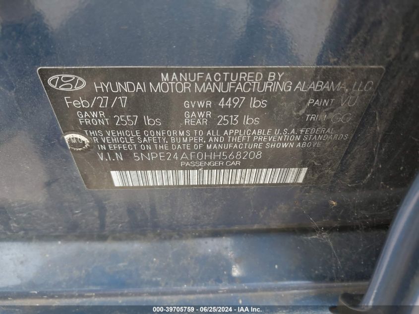 2017 Hyundai Sonata Se VIN: 5NPE24AF0HH568208 Lot: 39705759
