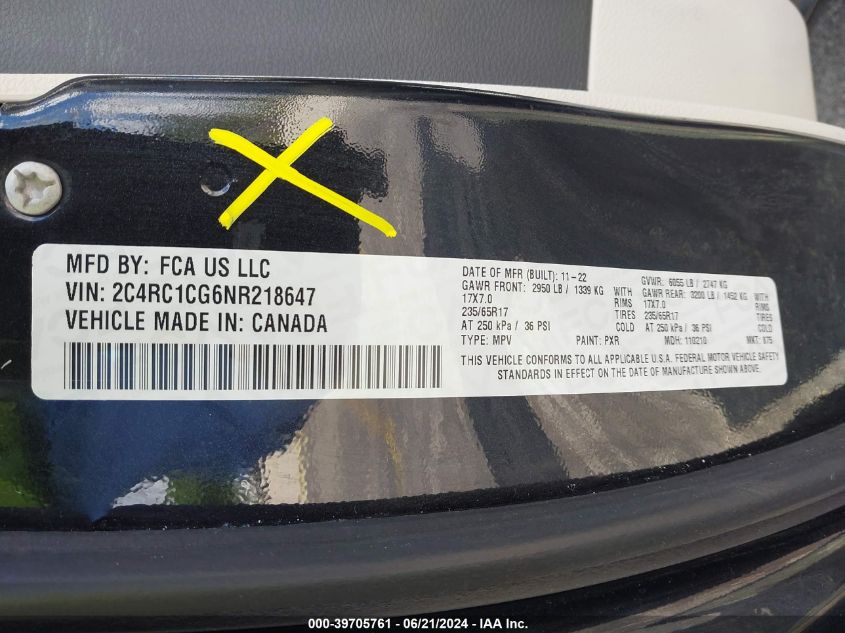 2022 Chrysler Voyager Lx VIN: 2C4RC1CG6NR218647 Lot: 39705761