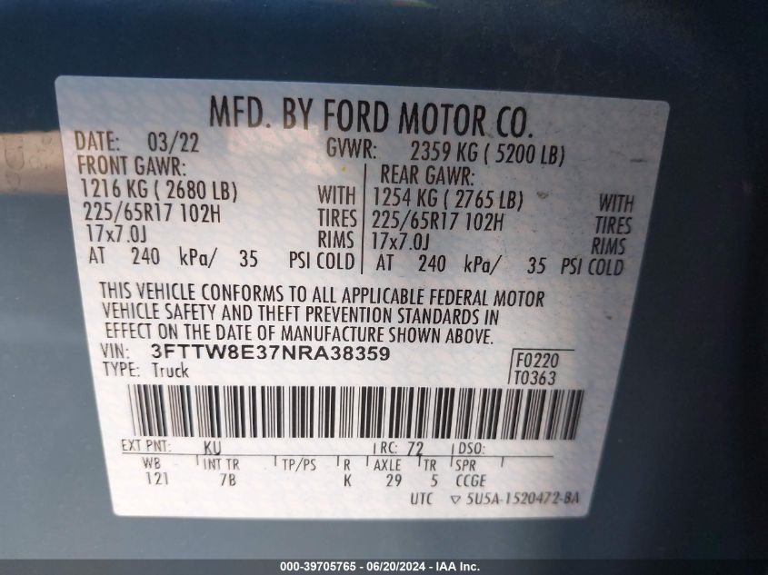 2022 Ford Maverick Xl/Xlt/Lariat VIN: 3FTTW8E37NRA38359 Lot: 39705765