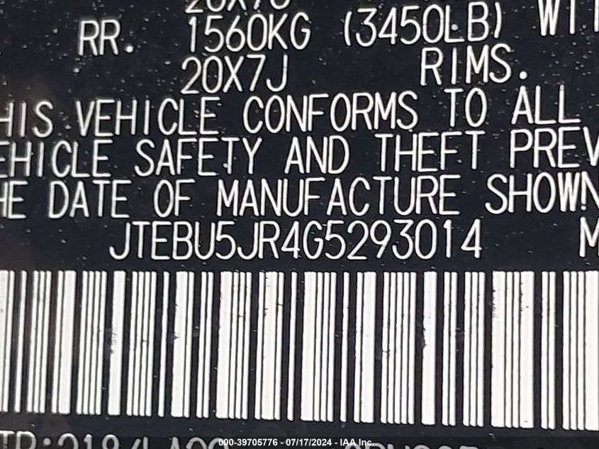 2016 TOYOTA 4RUNNER LIMITED - JTEBU5JR4G5293014